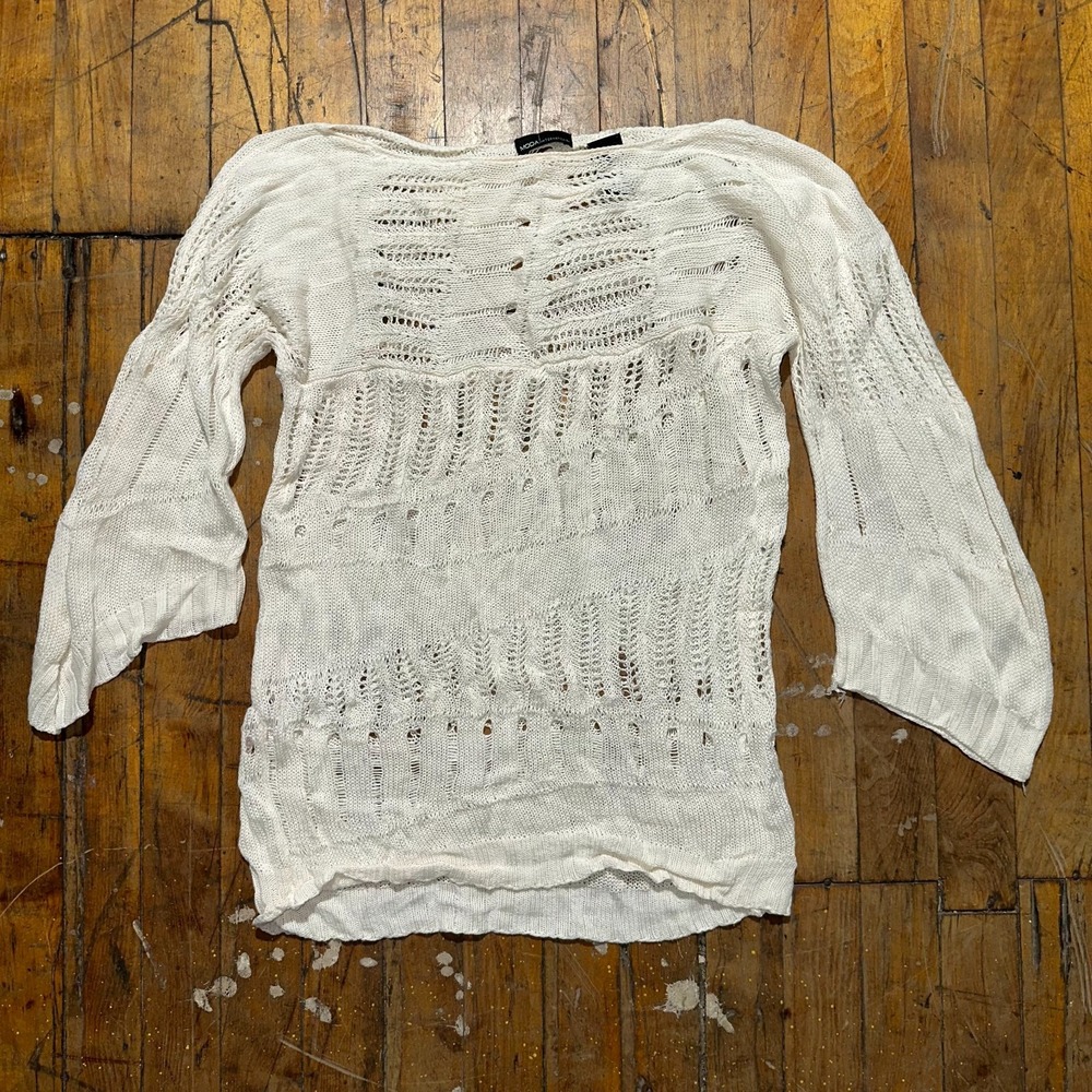Moda International Sweater Women's Small White Crochet Linen Boat‎ Neck Pullover